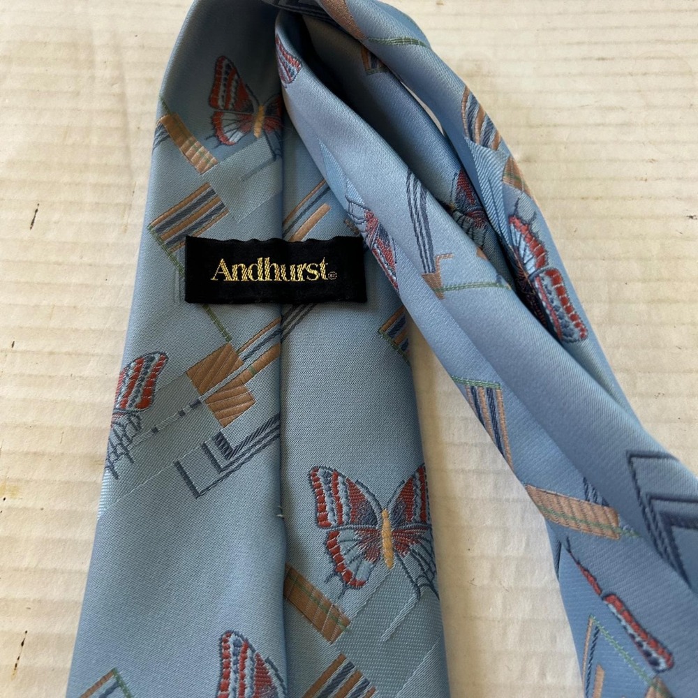 Andhurst Mens Necktie Light Blue Butterfly Geometric Woven Pattern Classic Tie - Picture 3 of 6